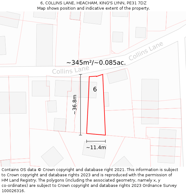 6, COLLINS LANE, HEACHAM, KING'S LYNN, PE31 7DZ: Plot and title map