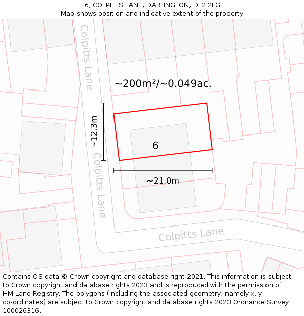 6, COLPITTS LANE, DARLINGTON, DL2 2FG: Plot and title map
