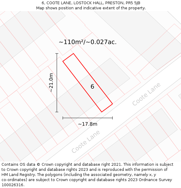 6, COOTE LANE, LOSTOCK HALL, PRESTON, PR5 5JB: Plot and title map