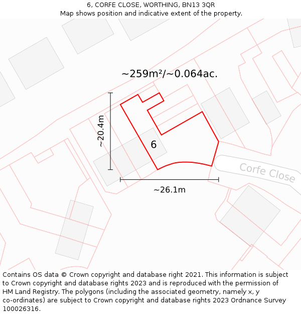 6, CORFE CLOSE, WORTHING, BN13 3QR: Plot and title map