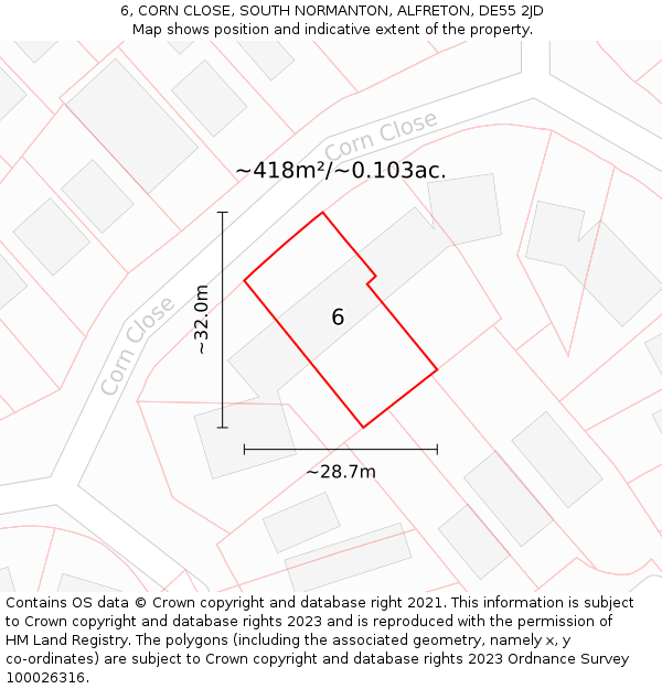 6, CORN CLOSE, SOUTH NORMANTON, ALFRETON, DE55 2JD: Plot and title map