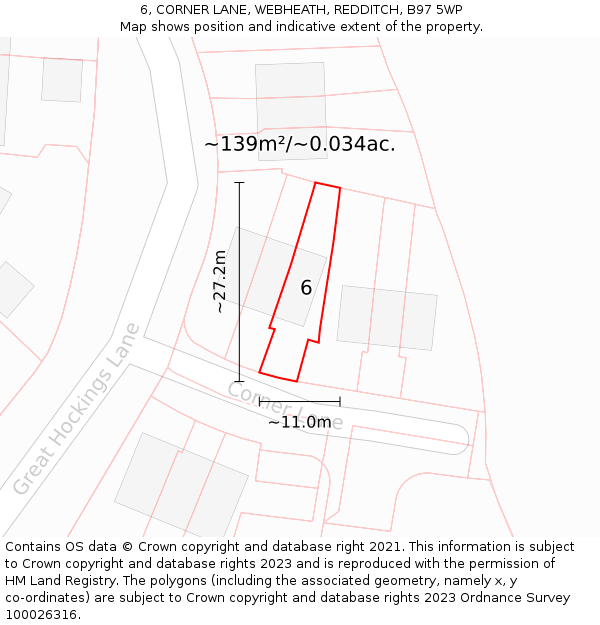 6, CORNER LANE, WEBHEATH, REDDITCH, B97 5WP: Plot and title map