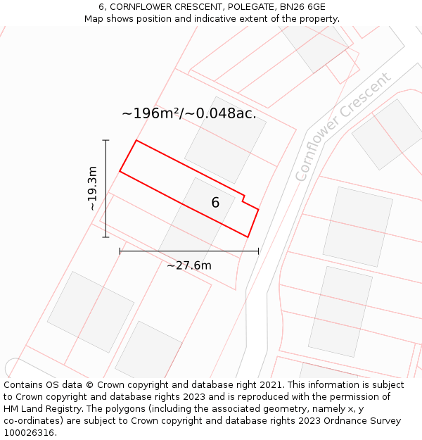 6, CORNFLOWER CRESCENT, POLEGATE, BN26 6GE: Plot and title map