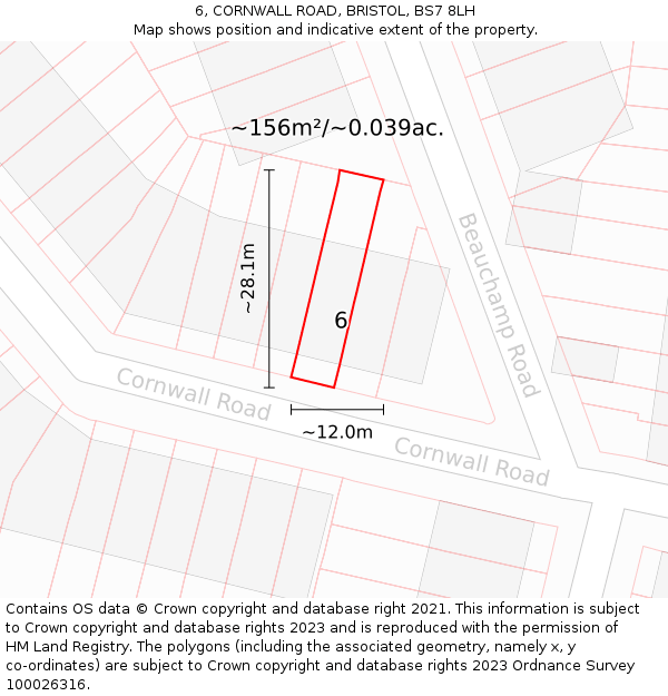 6, CORNWALL ROAD, BRISTOL, BS7 8LH: Plot and title map