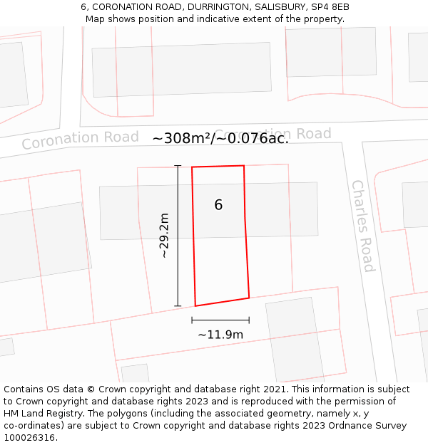 6, CORONATION ROAD, DURRINGTON, SALISBURY, SP4 8EB: Plot and title map