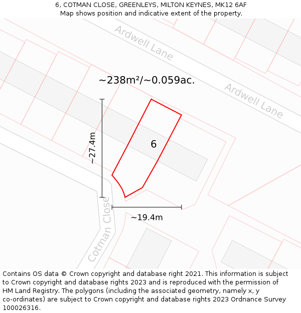 6, COTMAN CLOSE, GREENLEYS, MILTON KEYNES, MK12 6AF: Plot and title map