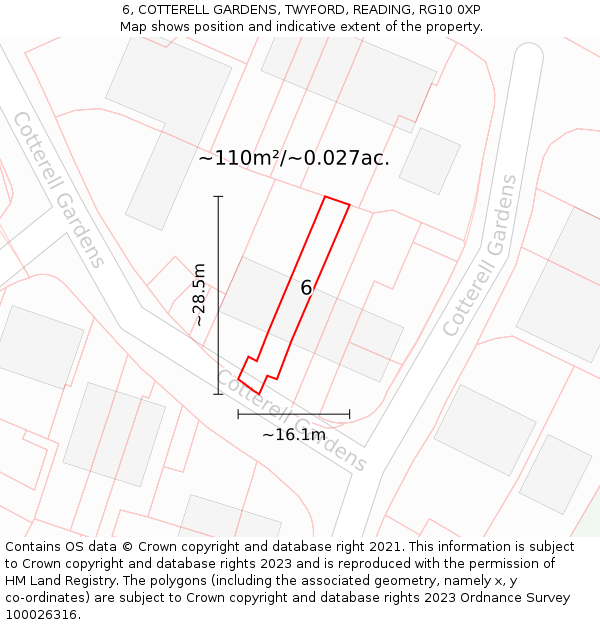6, COTTERELL GARDENS, TWYFORD, READING, RG10 0XP: Plot and title map