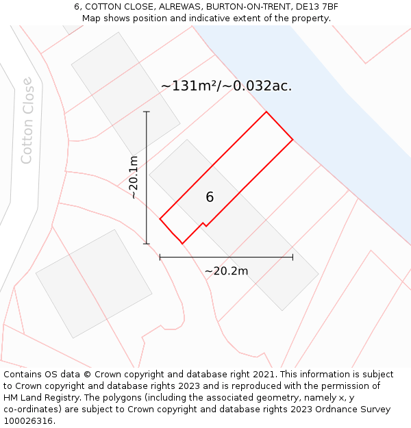 6, COTTON CLOSE, ALREWAS, BURTON-ON-TRENT, DE13 7BF: Plot and title map