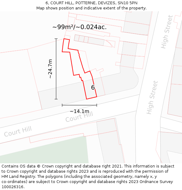 6, COURT HILL, POTTERNE, DEVIZES, SN10 5PN: Plot and title map