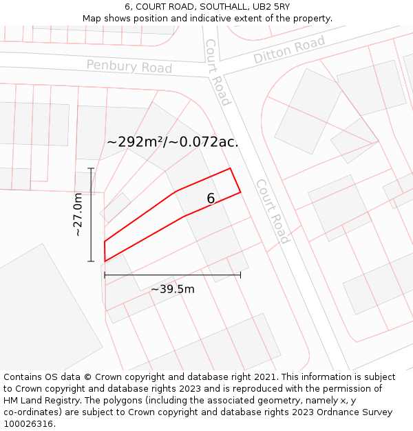 6, COURT ROAD, SOUTHALL, UB2 5RY: Plot and title map
