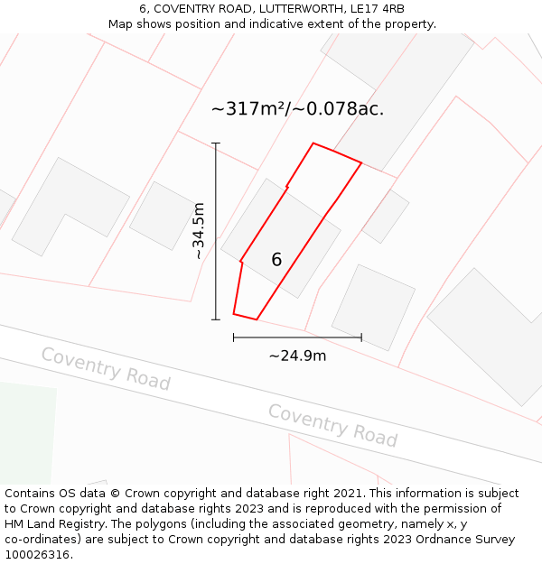 6, COVENTRY ROAD, LUTTERWORTH, LE17 4RB: Plot and title map