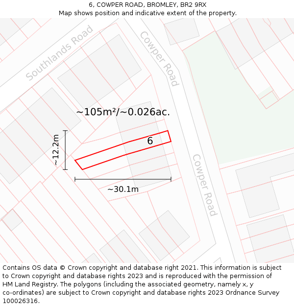 6, COWPER ROAD, BROMLEY, BR2 9RX: Plot and title map