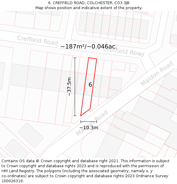 6, CREFFIELD ROAD, COLCHESTER, CO3 3JB: Plot and title map