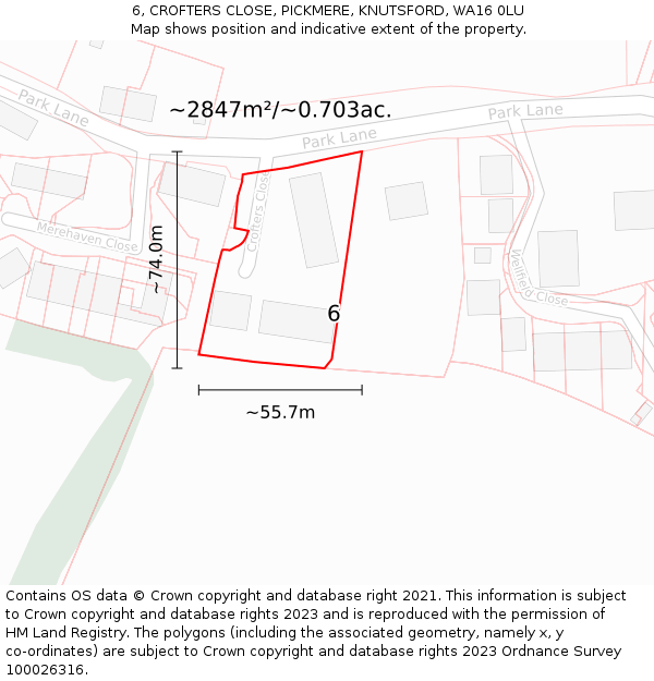 6, CROFTERS CLOSE, PICKMERE, KNUTSFORD, WA16 0LU: Plot and title map