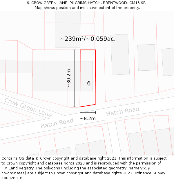6, CROW GREEN LANE, PILGRIMS HATCH, BRENTWOOD, CM15 9RL: Plot and title map
