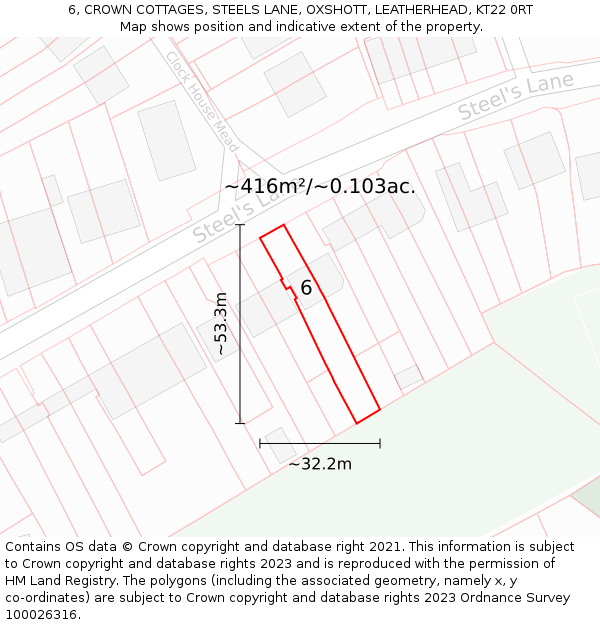 6, CROWN COTTAGES, STEELS LANE, OXSHOTT, LEATHERHEAD, KT22 0RT: Plot and title map