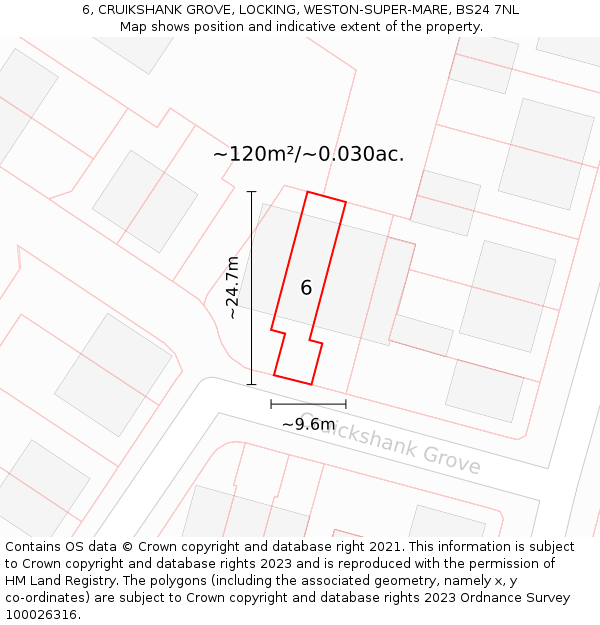 6, CRUIKSHANK GROVE, LOCKING, WESTON-SUPER-MARE, BS24 7NL: Plot and title map
