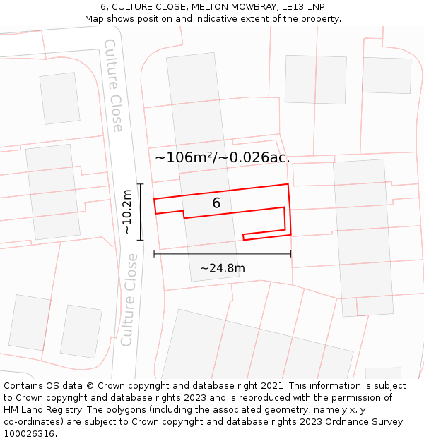 6, CULTURE CLOSE, MELTON MOWBRAY, LE13 1NP: Plot and title map