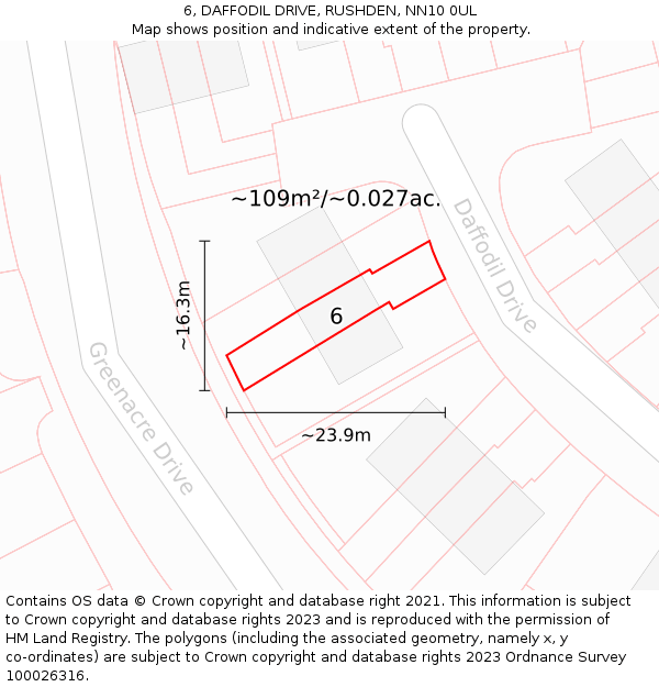 6, DAFFODIL DRIVE, RUSHDEN, NN10 0UL: Plot and title map