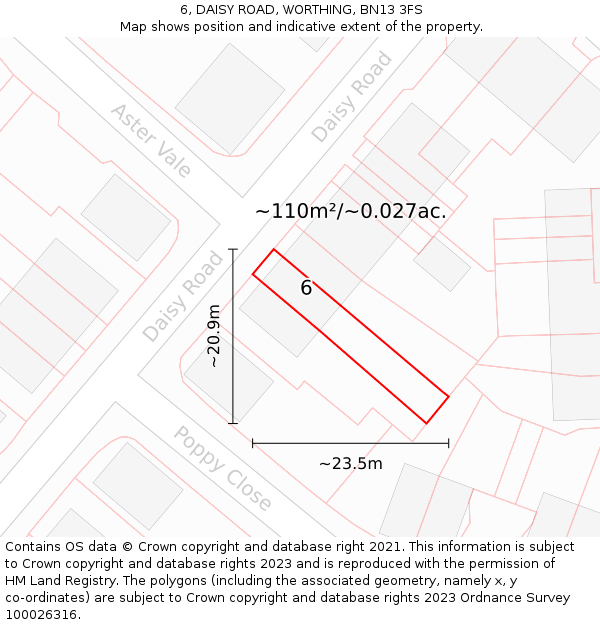 6, DAISY ROAD, WORTHING, BN13 3FS: Plot and title map
