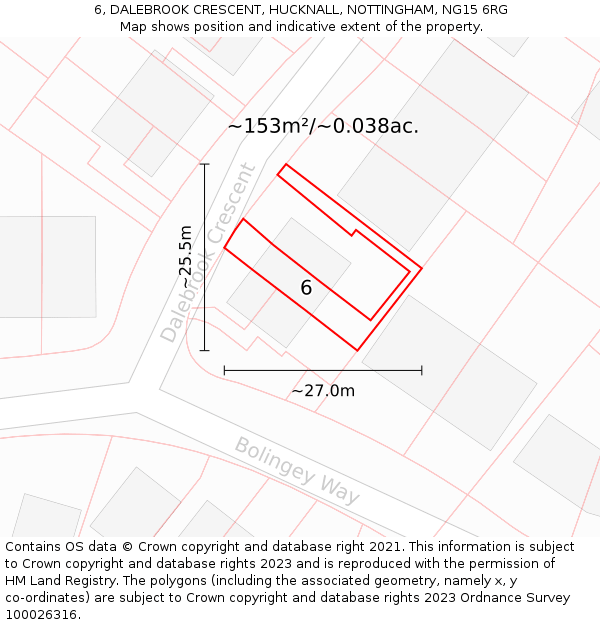 6, DALEBROOK CRESCENT, HUCKNALL, NOTTINGHAM, NG15 6RG: Plot and title map
