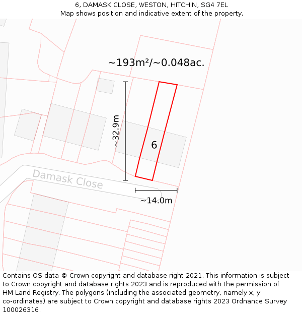 6, DAMASK CLOSE, WESTON, HITCHIN, SG4 7EL: Plot and title map