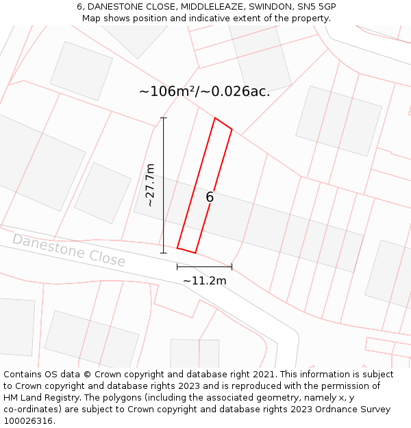 6, DANESTONE CLOSE, MIDDLELEAZE, SWINDON, SN5 5GP: Plot and title map