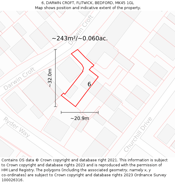 6, DARWIN CROFT, FLITWICK, BEDFORD, MK45 1GL: Plot and title map