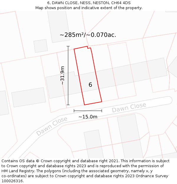 6, DAWN CLOSE, NESS, NESTON, CH64 4DS: Plot and title map