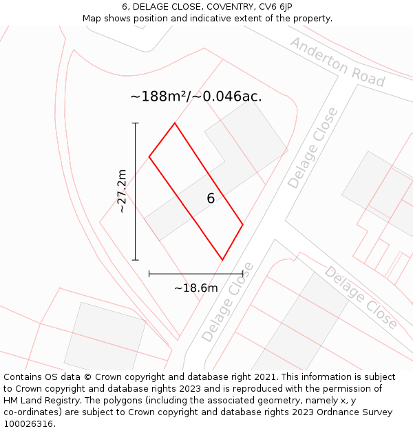 6, DELAGE CLOSE, COVENTRY, CV6 6JP: Plot and title map