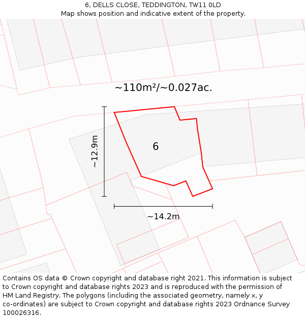 6, DELLS CLOSE, TEDDINGTON, TW11 0LD: Plot and title map