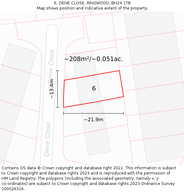 6, DENE CLOSE, RINGWOOD, BH24 1TB: Plot and title map