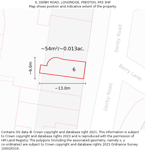 6, DERBY ROAD, LONGRIDGE, PRESTON, PR3 3NP: Plot and title map