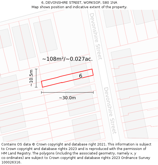 6, DEVONSHIRE STREET, WORKSOP, S80 1NA: Plot and title map