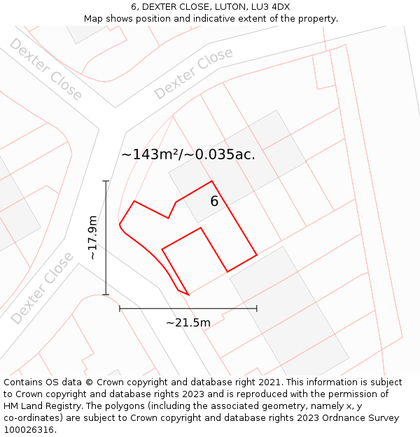 6, DEXTER CLOSE, LUTON, LU3 4DX: Plot and title map