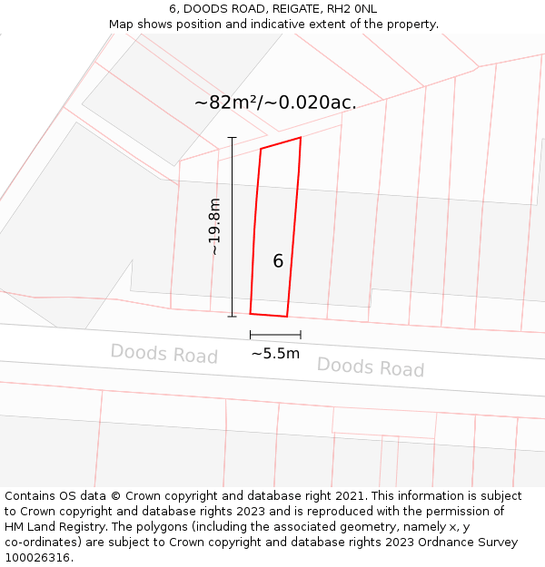 6, DOODS ROAD, REIGATE, RH2 0NL: Plot and title map