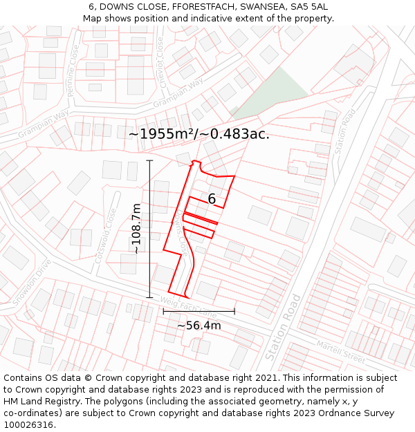 6, DOWNS CLOSE, FFORESTFACH, SWANSEA, SA5 5AL: Plot and title map