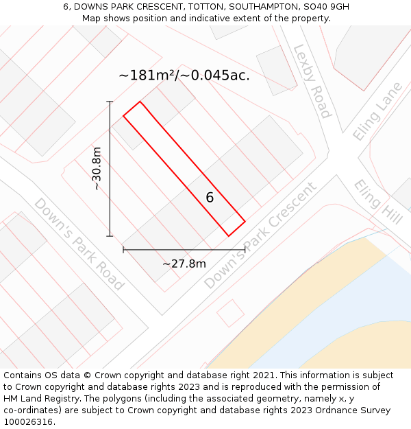 6, DOWNS PARK CRESCENT, TOTTON, SOUTHAMPTON, SO40 9GH: Plot and title map