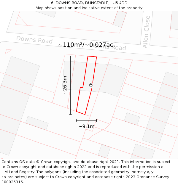 6, DOWNS ROAD, DUNSTABLE, LU5 4DD: Plot and title map