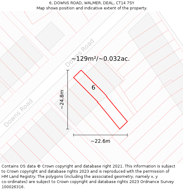 6, DOWNS ROAD, WALMER, DEAL, CT14 7SY: Plot and title map