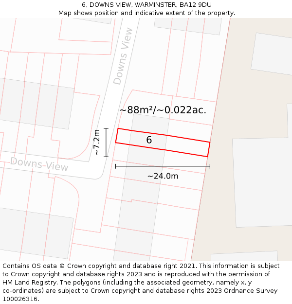 6, DOWNS VIEW, WARMINSTER, BA12 9DU: Plot and title map