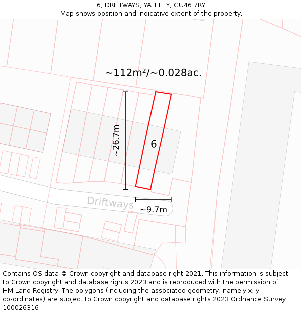 6, DRIFTWAYS, YATELEY, GU46 7RY: Plot and title map