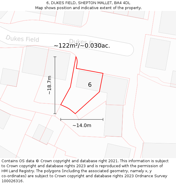6, DUKES FIELD, SHEPTON MALLET, BA4 4DL: Plot and title map