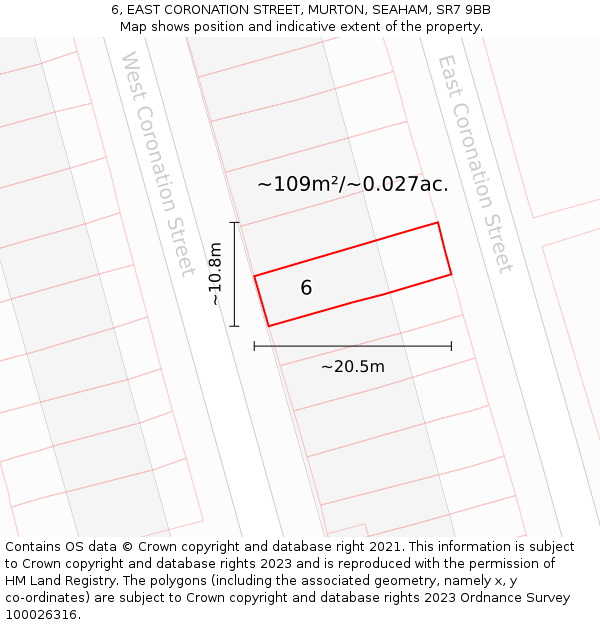 6, EAST CORONATION STREET, MURTON, SEAHAM, SR7 9BB: Plot and title map