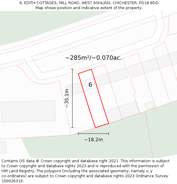 6, EDITH COTTAGES, MILL ROAD, WEST ASHLING, CHICHESTER, PO18 8DG: Plot and title map