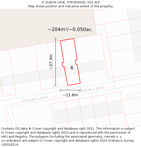 6, ELBOW LANE, STEVENAGE, SG2 8LP: Plot and title map