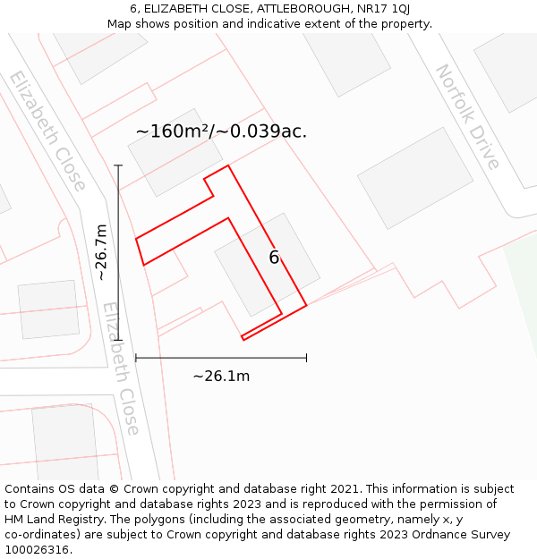 6, ELIZABETH CLOSE, ATTLEBOROUGH, NR17 1QJ: Plot and title map