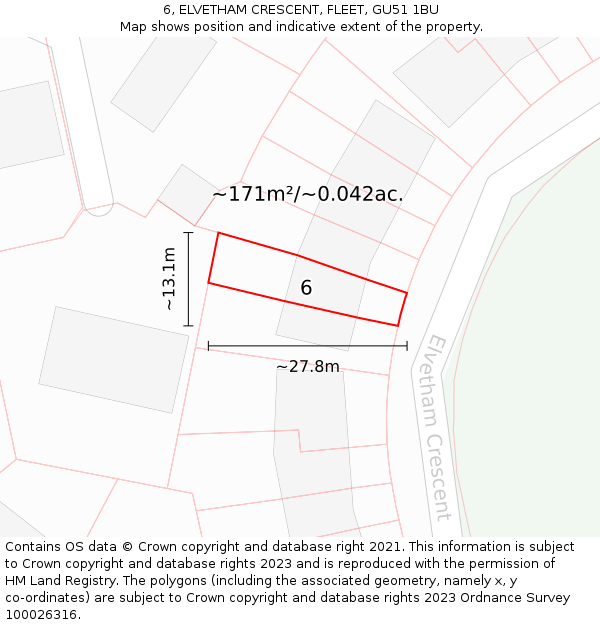 6, ELVETHAM CRESCENT, FLEET, GU51 1BU: Plot and title map