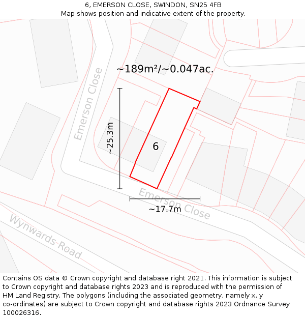 6, EMERSON CLOSE, SWINDON, SN25 4FB: Plot and title map