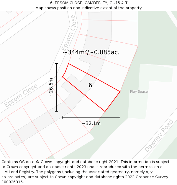6, EPSOM CLOSE, CAMBERLEY, GU15 4LT: Plot and title map